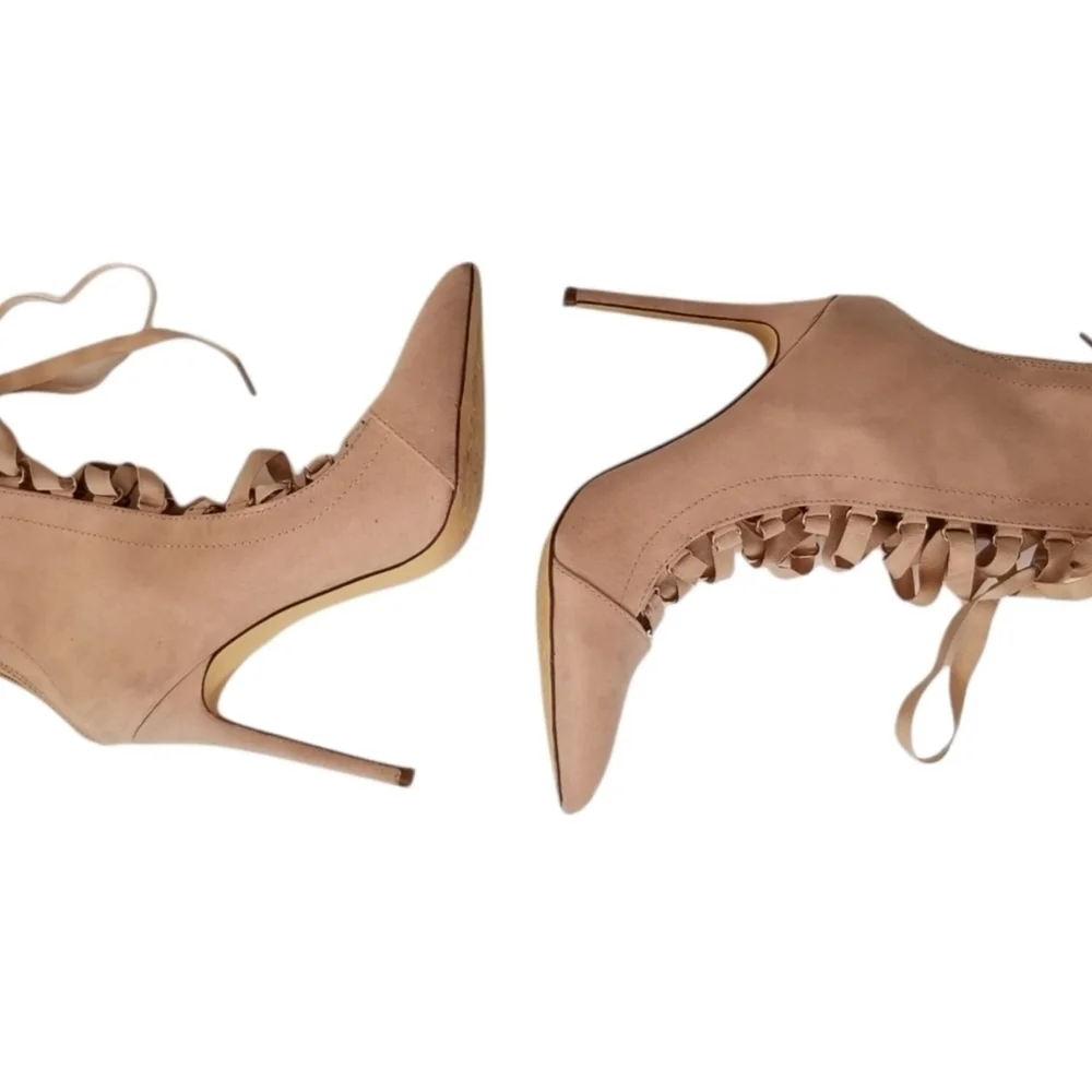 Liliana Blush Faux Suede Pointed Toe Stiletto Lace Up High Heel Ankle Boots Shoe